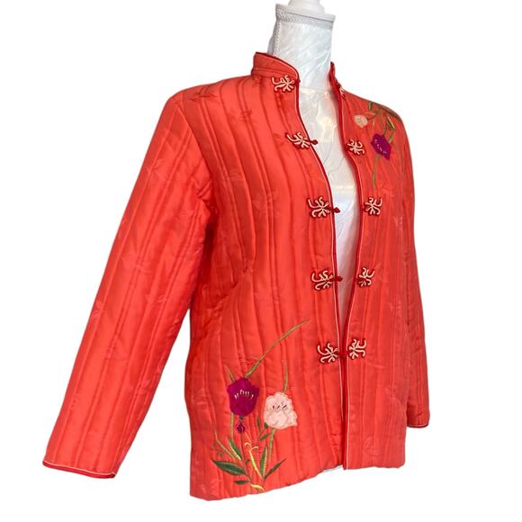 Retro Salmon Pink Embroidered Floral Satin Silk Kimono Puffy Jacket Size Small - Picture 3 of 16